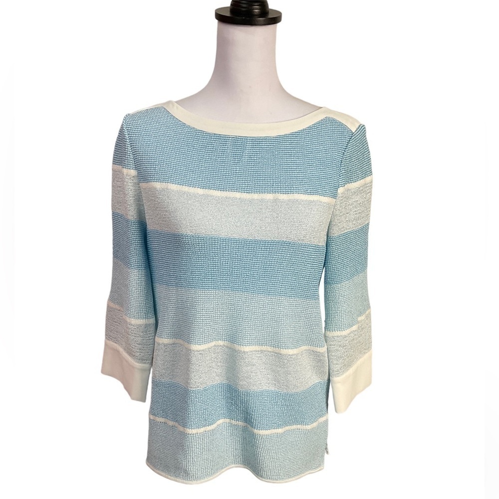 Ming Wang Womens Blue White Stripe Sweater Black Bow Tie Stretch Size XS…